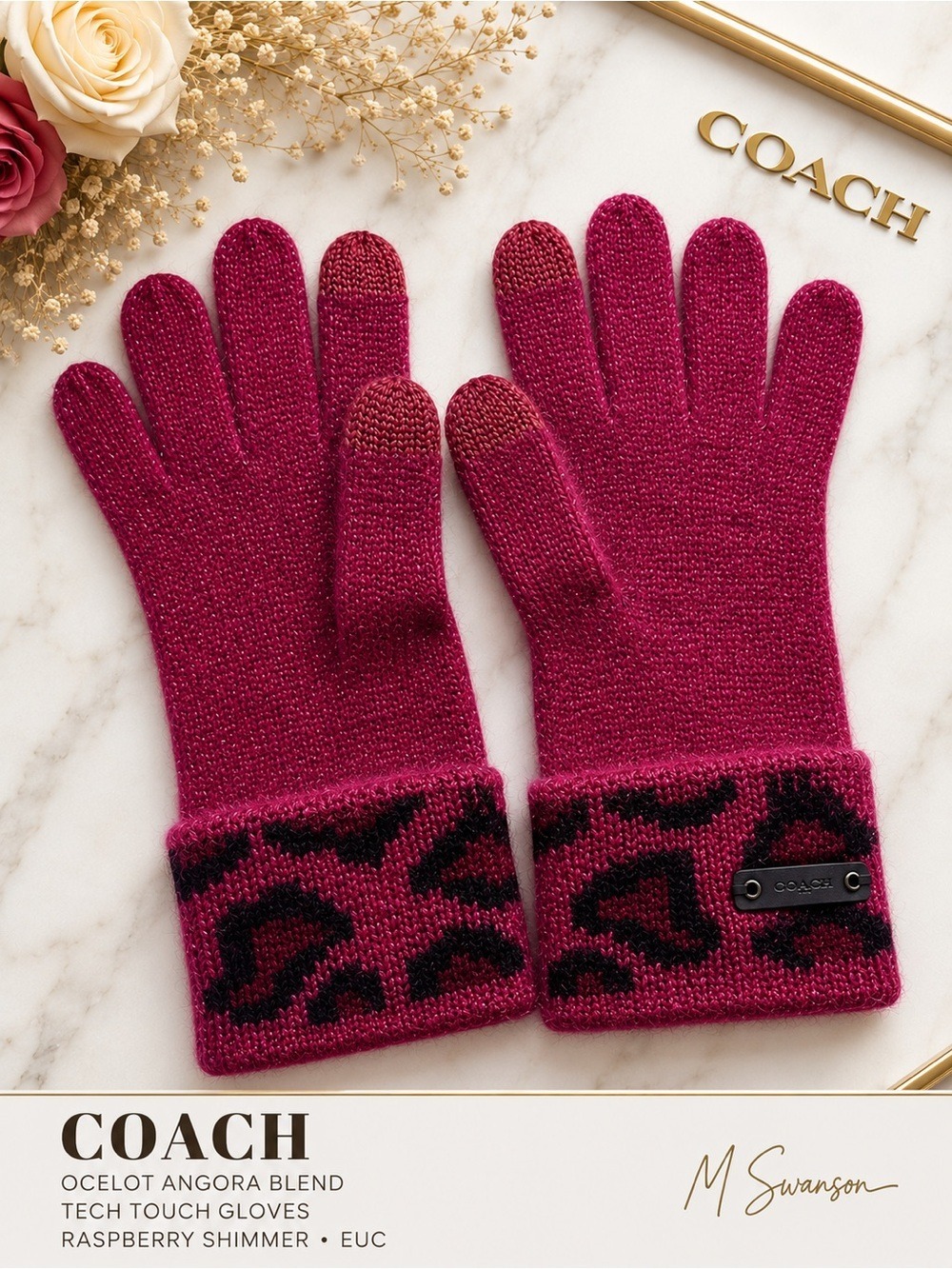 COACH Ocelot Angora Blend Tech Touch Gloves Raspberry Shimmer EUC